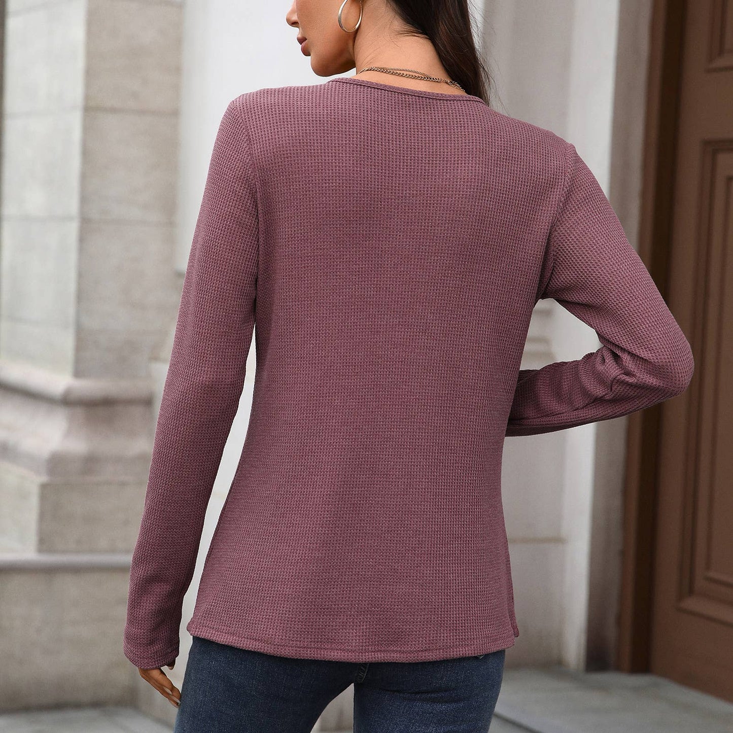 Round Neck Button Loose Long Sleeve Henley Top