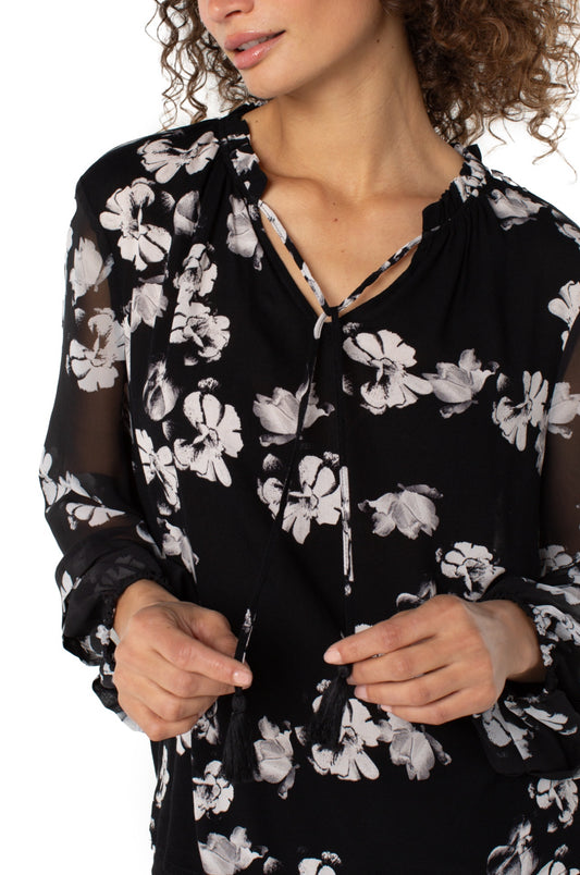 LONG SLEEVE WOVEN BLOUSE WITH SHEAR SLEEVES