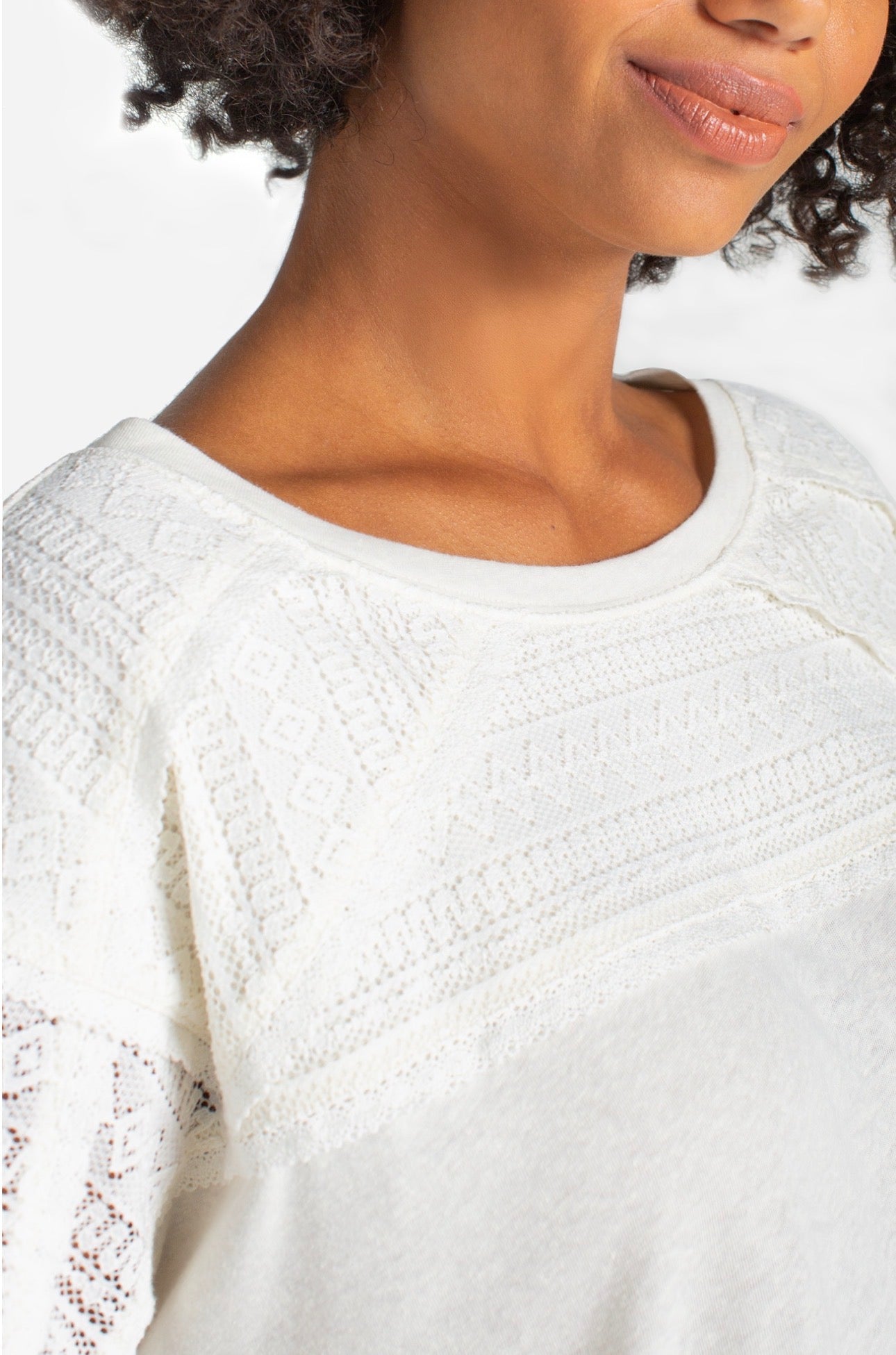 Short sleeve, Dolman boat neck knit top with lace