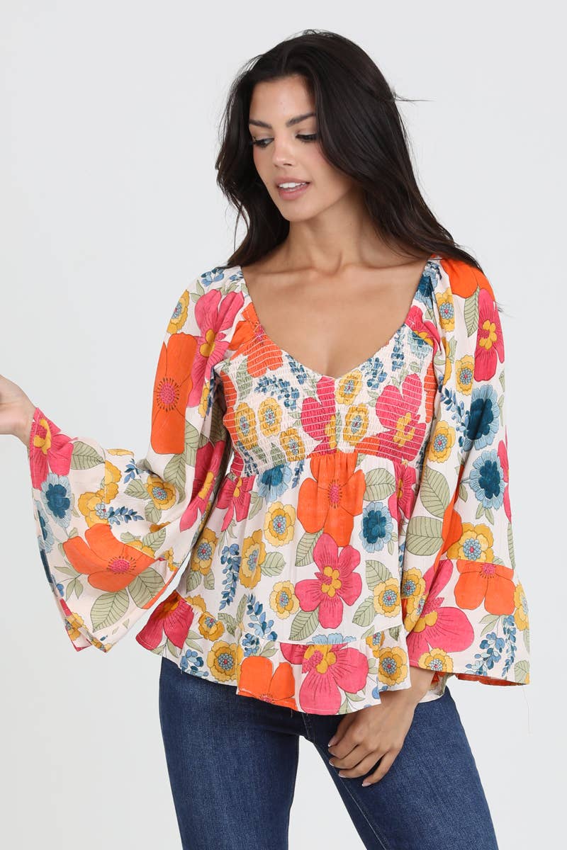 V NECK SMOCKED BUST WIDE BELL SLEEVE FLORAL BLOUS