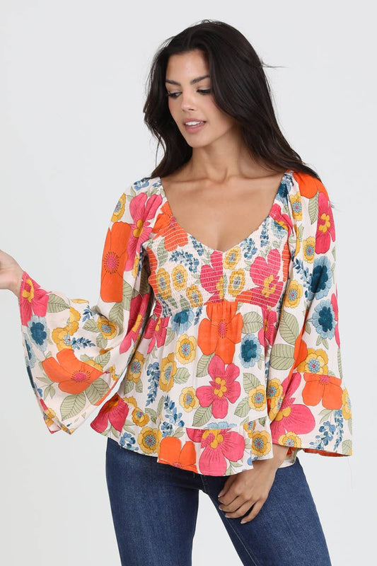 V NECK SMOCKED BUST WIDE BELL SLEEVE FLORAL BLOUS
