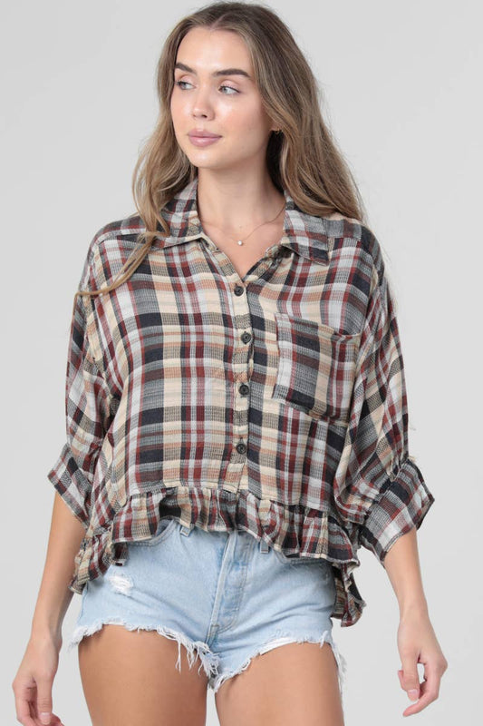 PLAID SHIRT WITH RUFFLE HEM