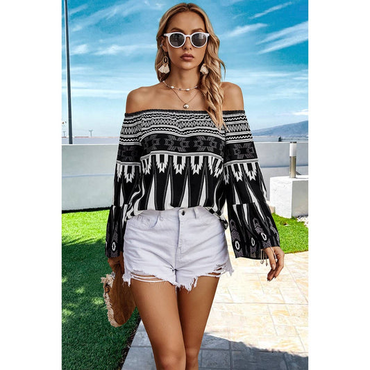 Graphic Print Color Block Butterfly Sleeves Off Shoulder Top