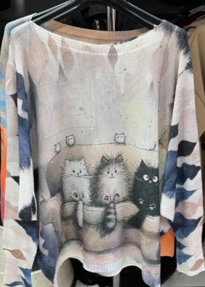 Beige 3 Cats Round Knit Printed Sweater LOOWIE