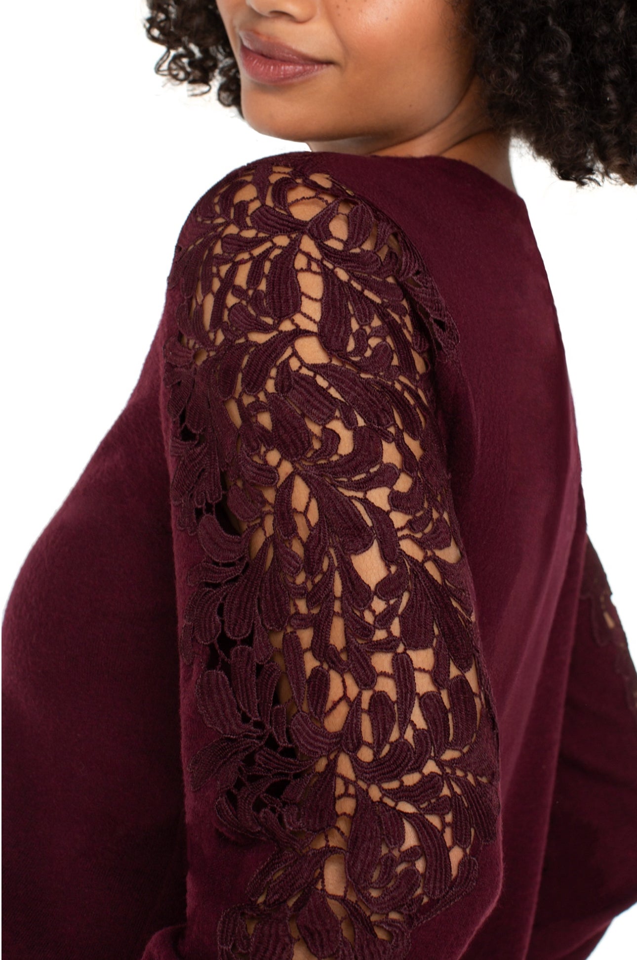 LONG SLEEVE CREW NECK LACE INSERT KNIT TOP