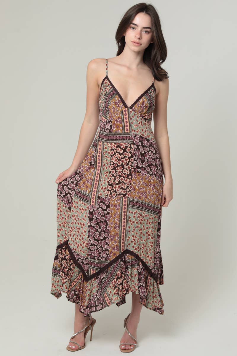 V NECK LACE TRIM MAXI DRESS