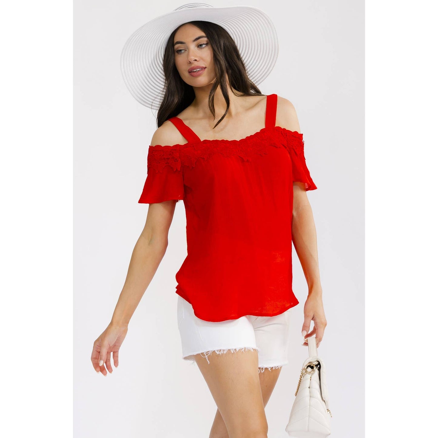 CROCHET TRIM COLD SHOULDER BLOUSE