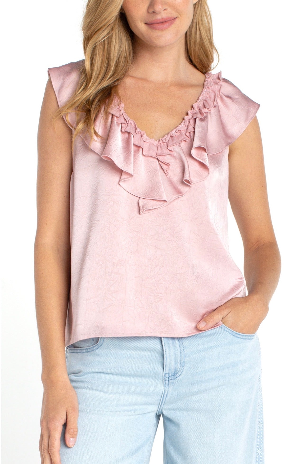 Ruffle front sleeveless woven knit top in light rose
