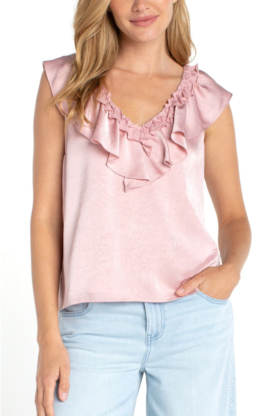 Ruffle front sleeveless woven knit top in light rose