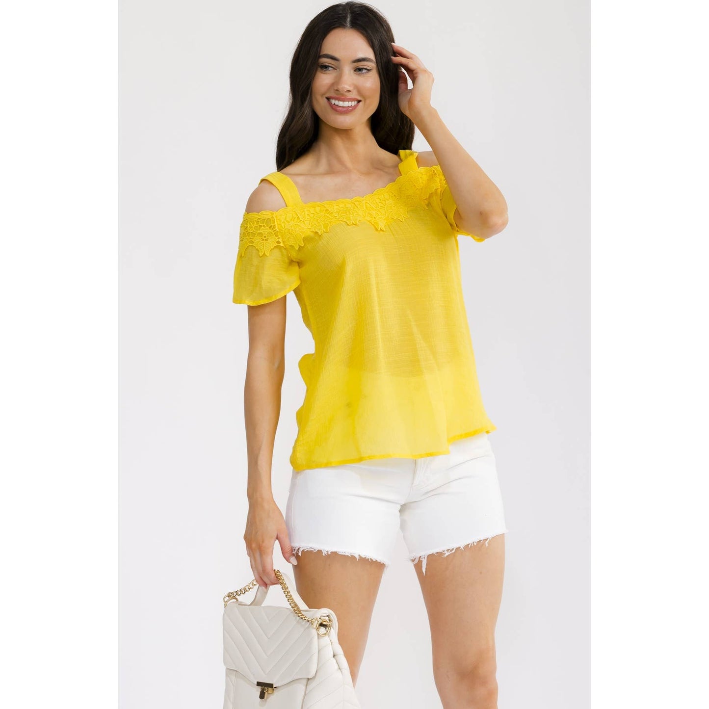 CROCHET TRIM COLD SHOULDER BLOUSE