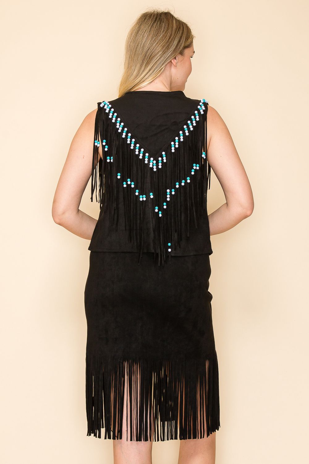 Black beaded fringe suede vest with turquoise colored and multicolored beads
