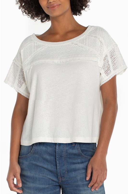 Short sleeve, Dolman boat neck knit top with lace