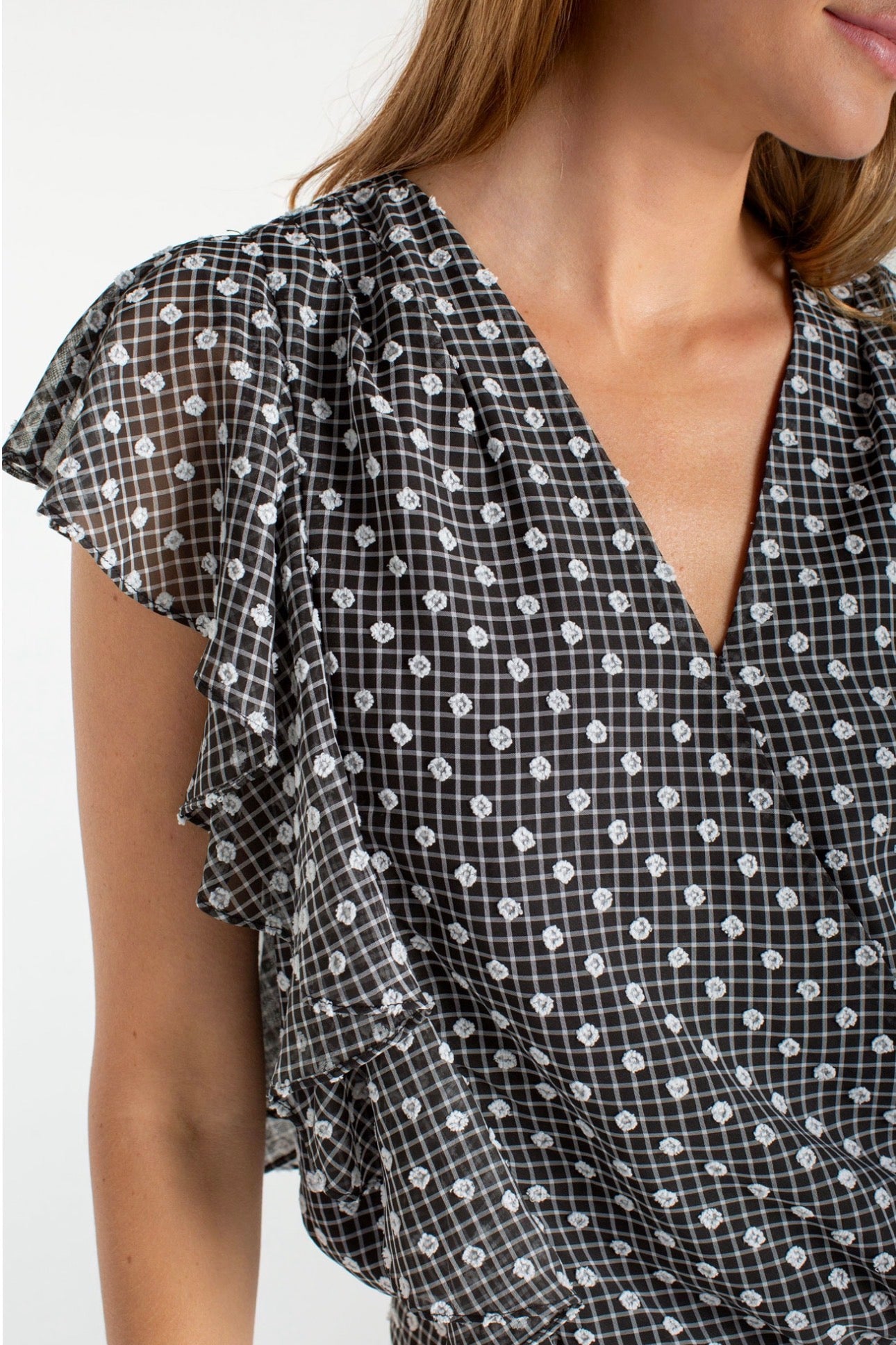 Short ruffle sleeve draped, front woven blouse