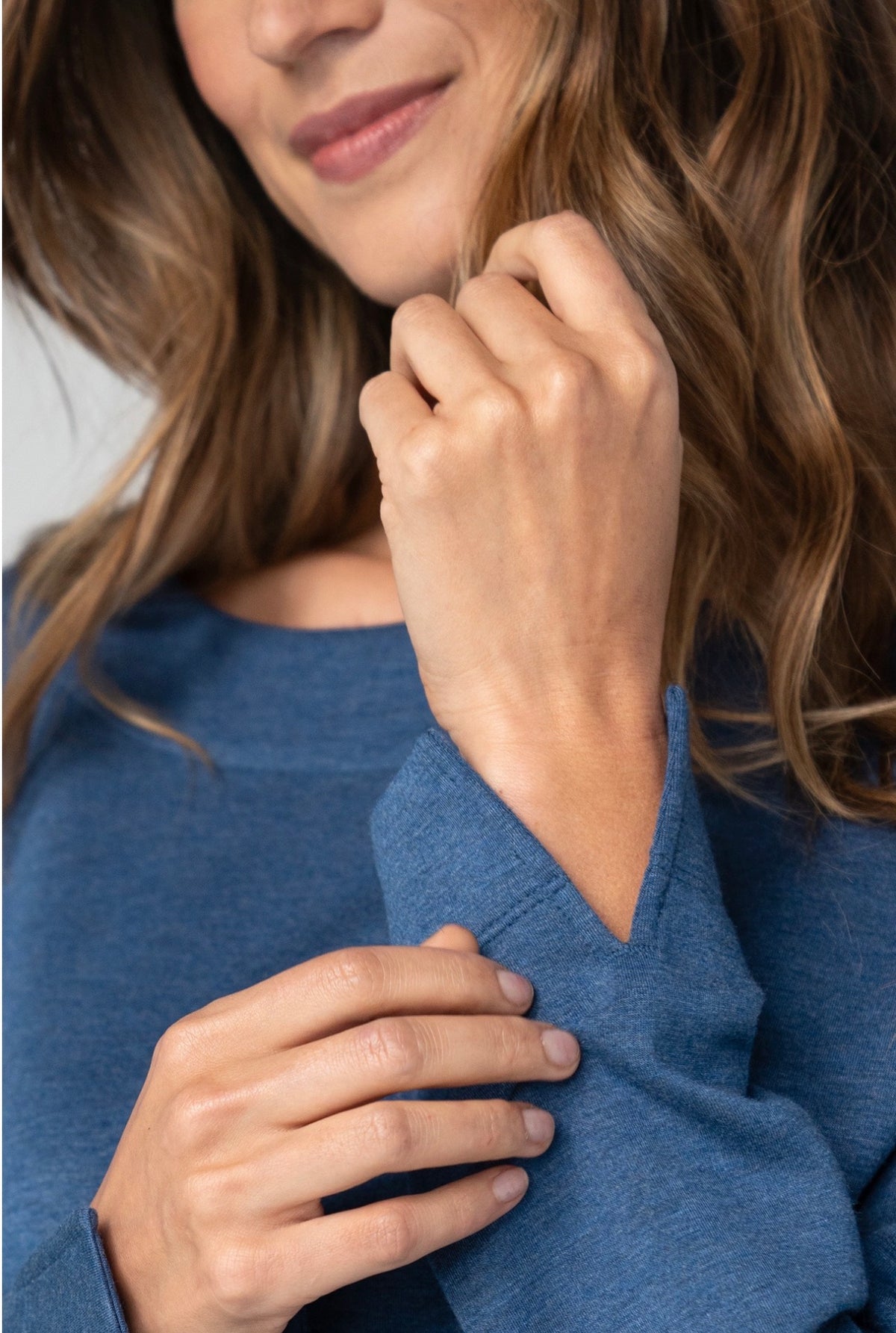 Long sleeve boat, neck, top in cloud fabric