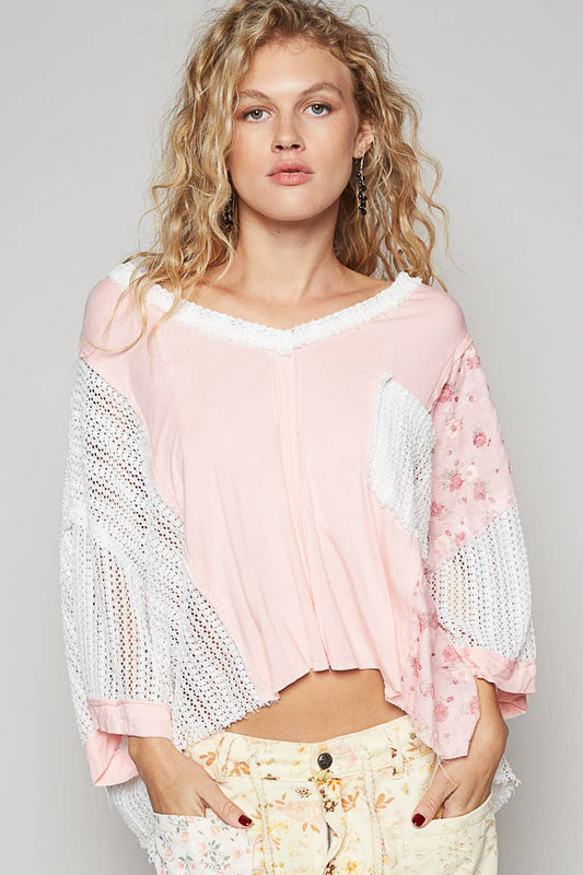 Quarter sleeve floral print crochet knit top