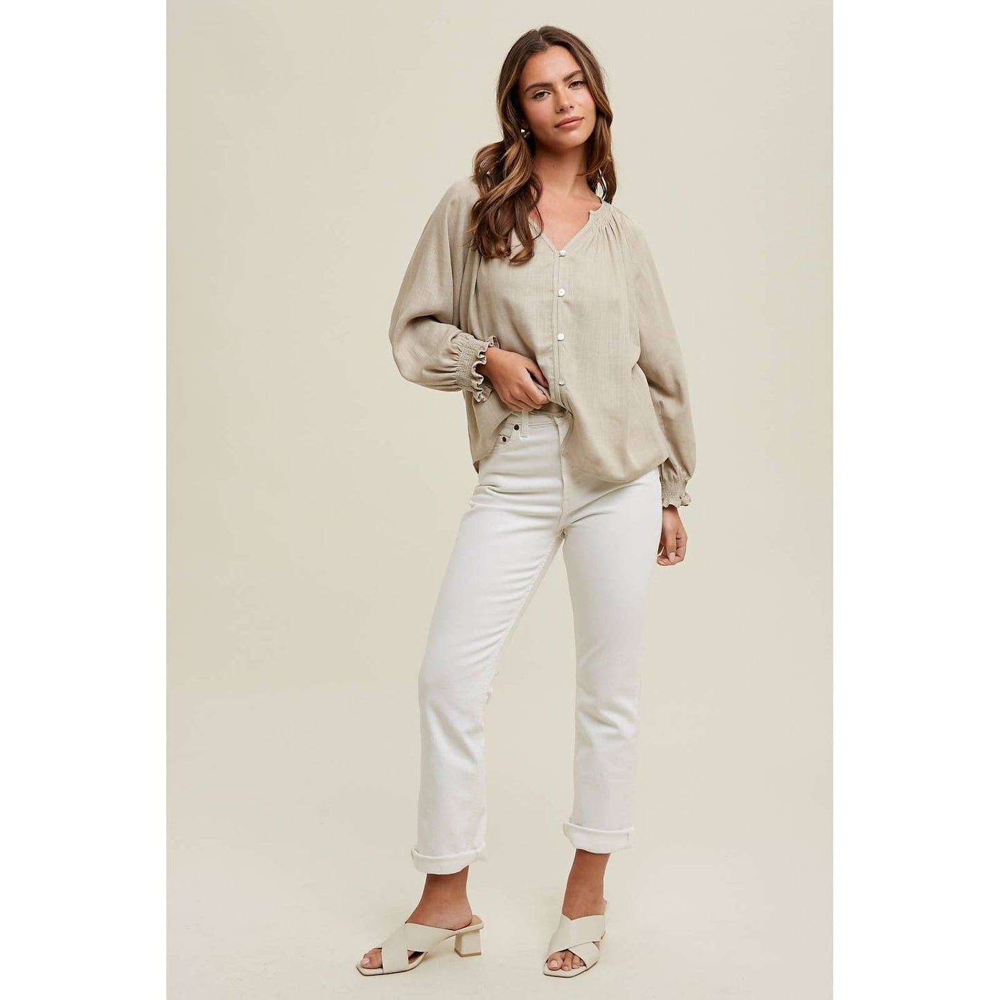 DROP SHOULDER BLOUSE WITH SMOCKED CUFF DETAIL