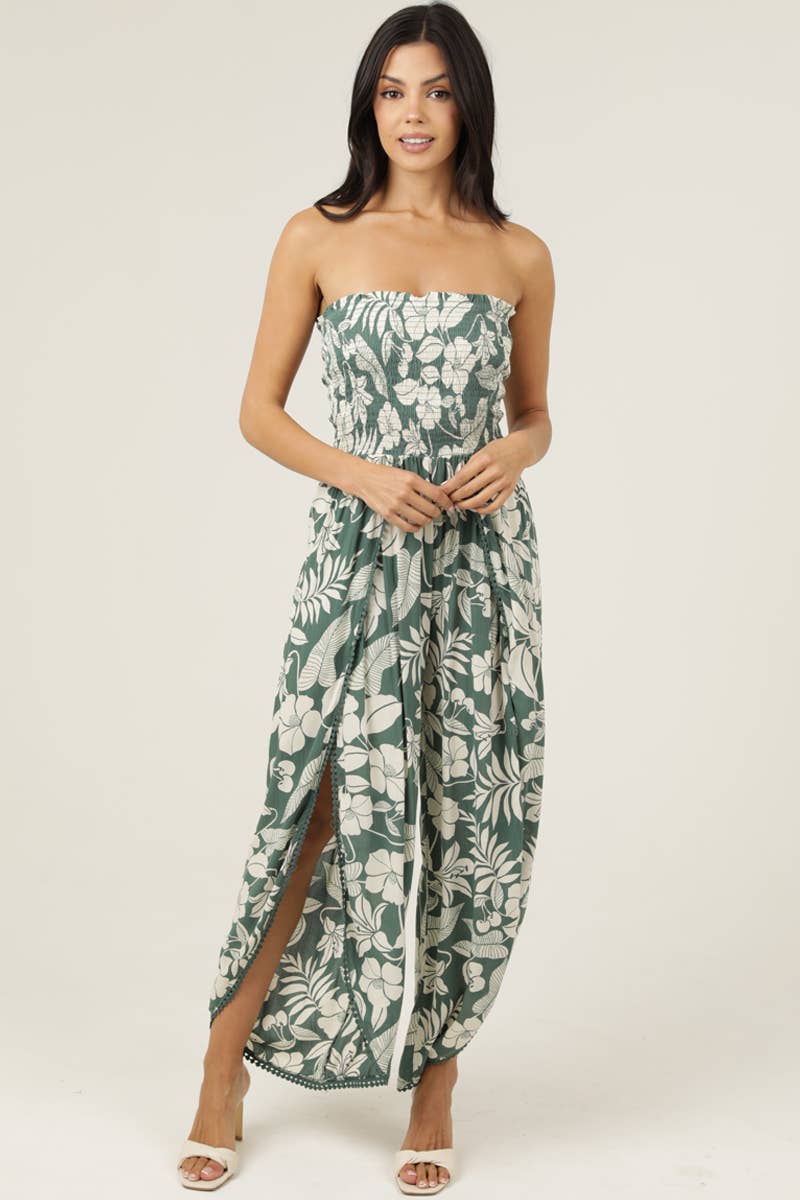 SMOCKED BODICE WRAP LEG JUMPSUIT