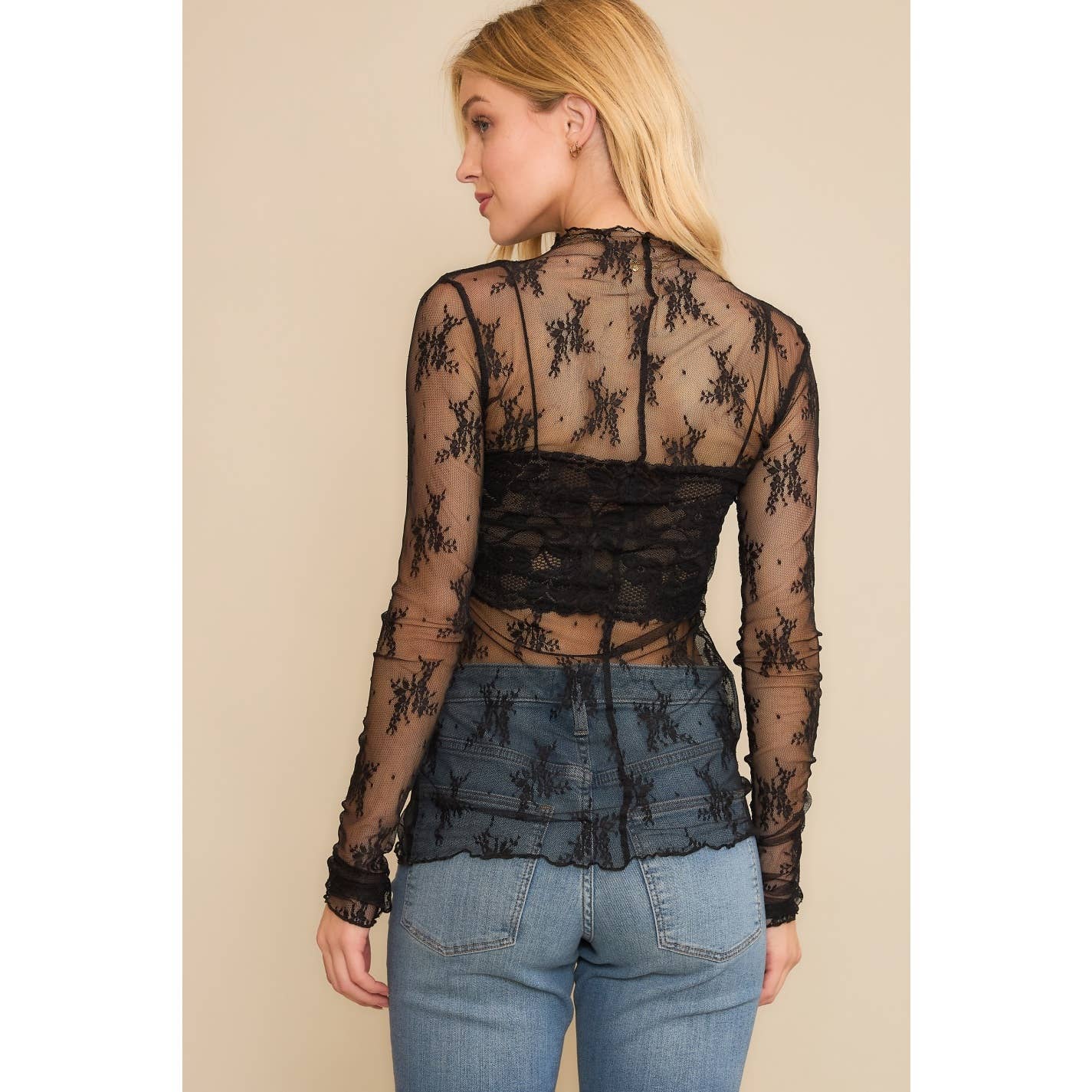 MESH LACE HIGH NECK DESIGN LONG SLEEVE FITTED TOP