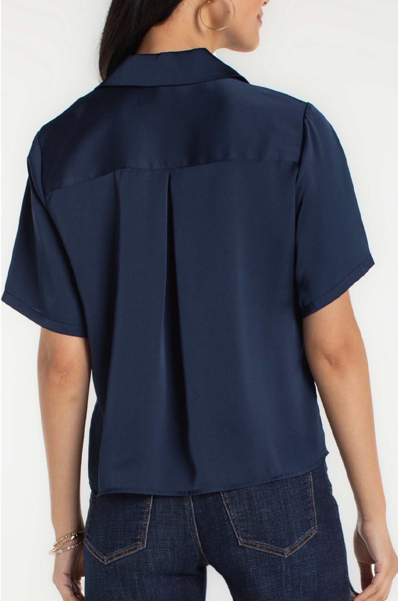 Short sleeve camp collar woven blouse in dark navy