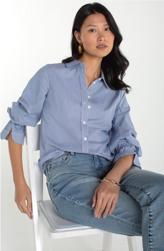 Adjustable sleeve button, front woven, top, and blue and white stripe