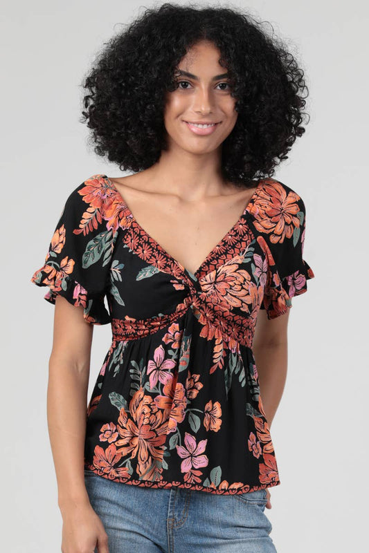V NECK TWIST FRONT PRINTED SHORT SLEEVE TOP