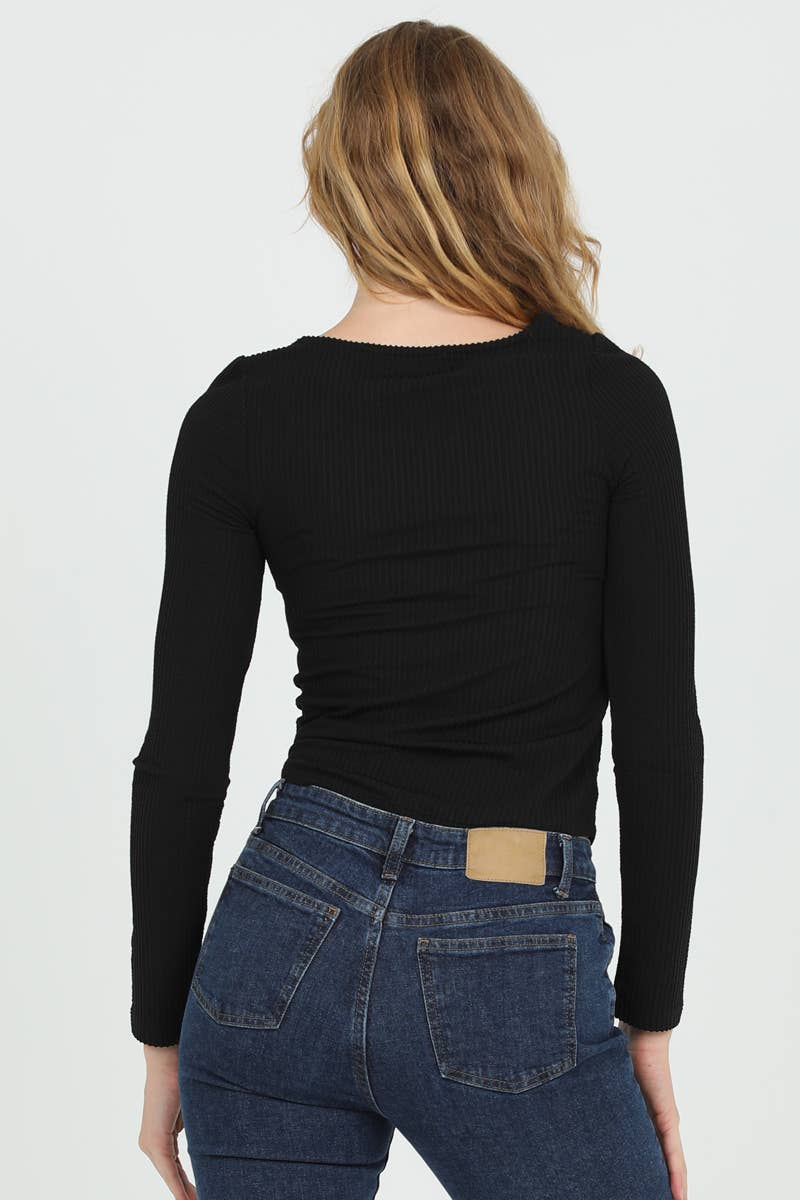 TEXTURED KNIT LONG SLEEVE NOTCH NECK TOP