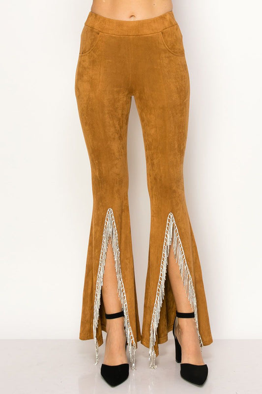 Camel color High rise full length split bell bottom pants with rhinestone fringe