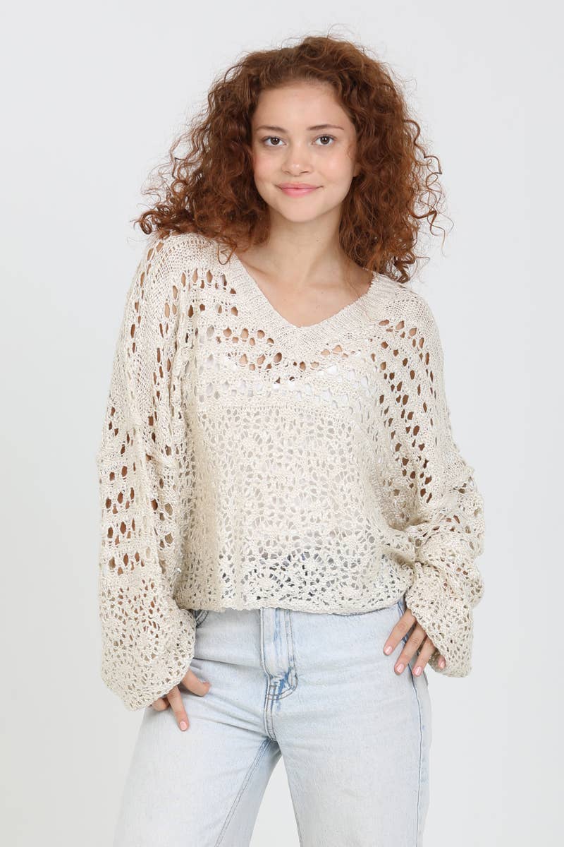 OPEN KNIT V NECK PULLOVER SWEATER