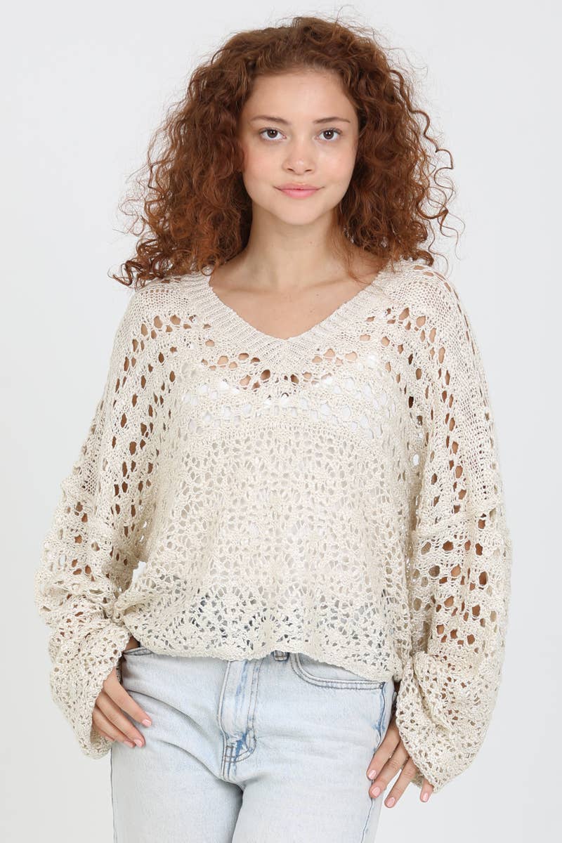 OPEN KNIT V NECK PULLOVER SWEATER