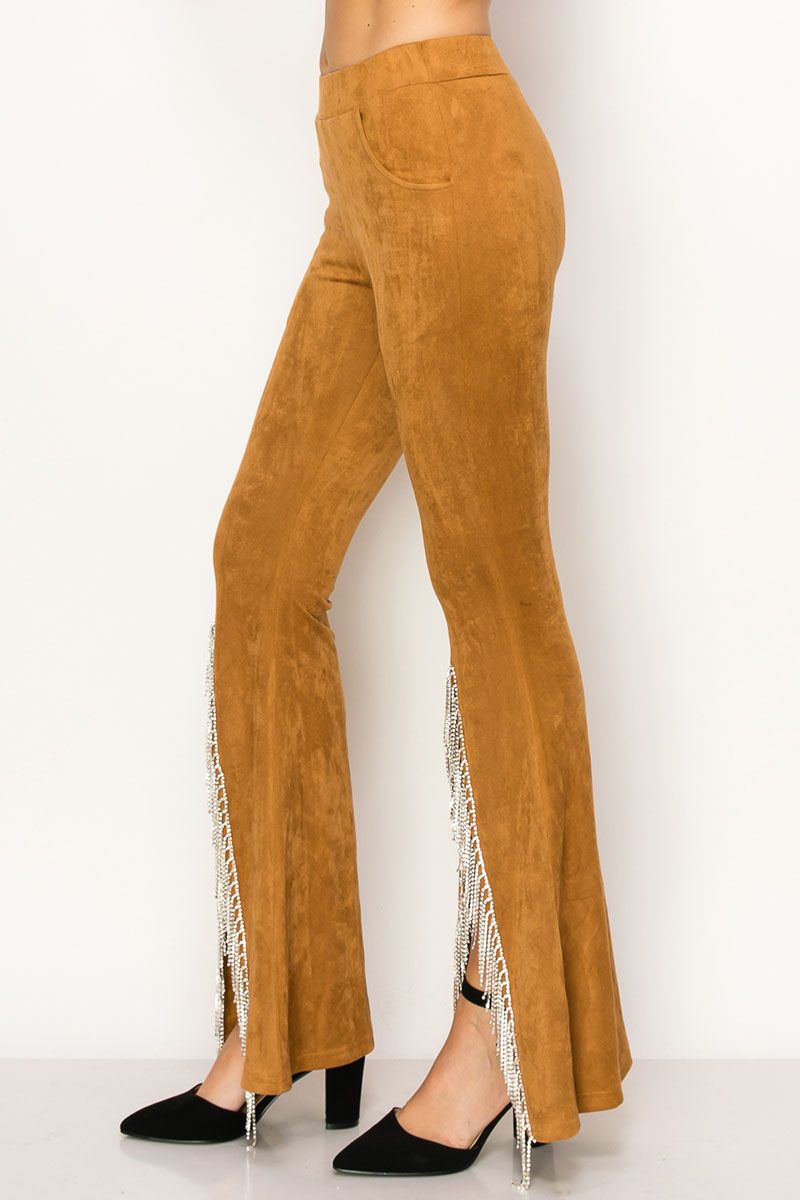 Camel color High rise full length split bell bottom pants with rhinestone fringe