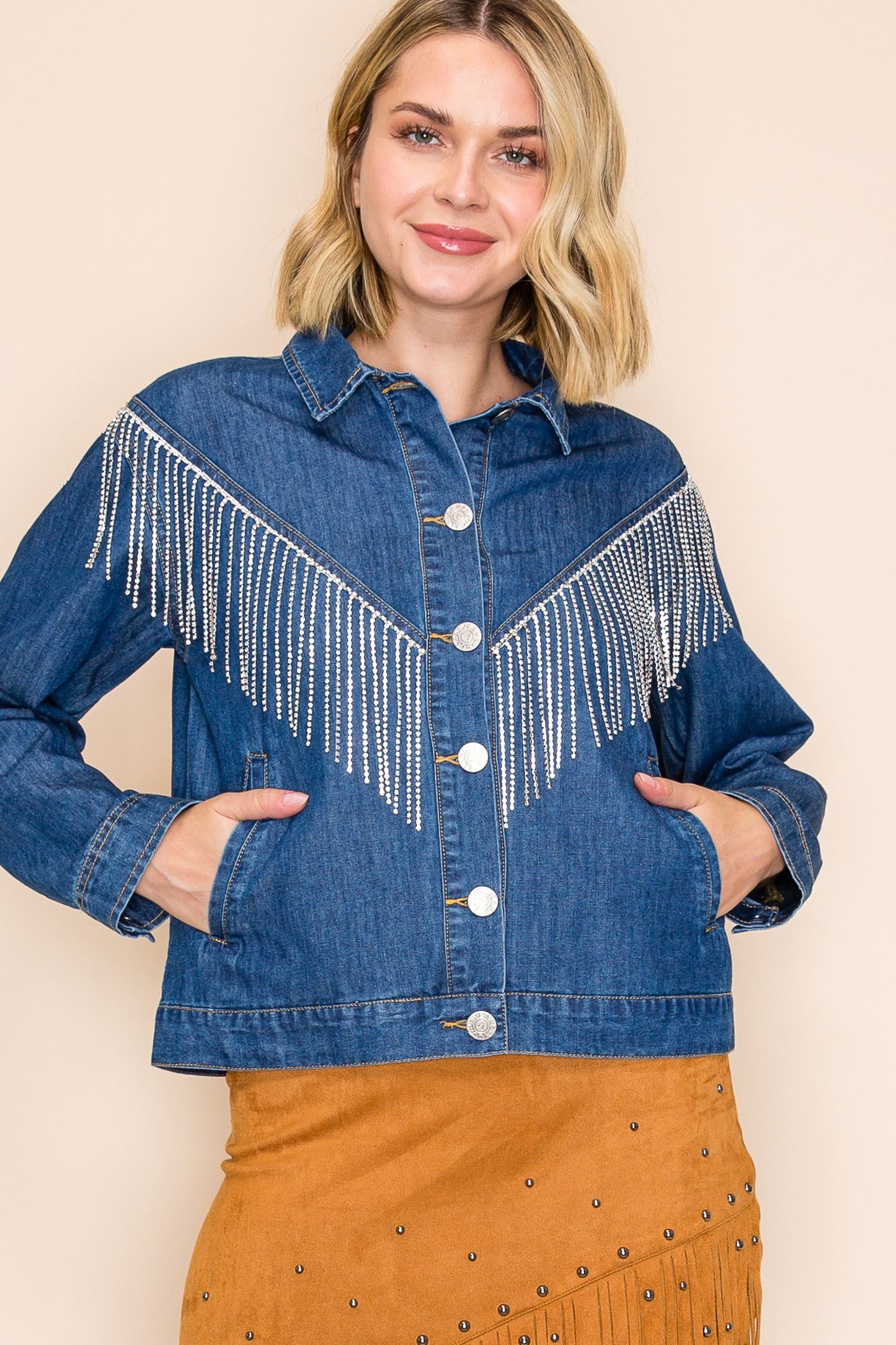 Denim jacket with silver fringe and button details