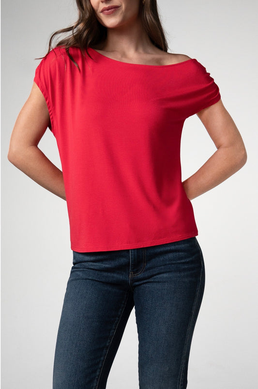 Short sleeve asymmetric off shoulder knit top in cherry rose