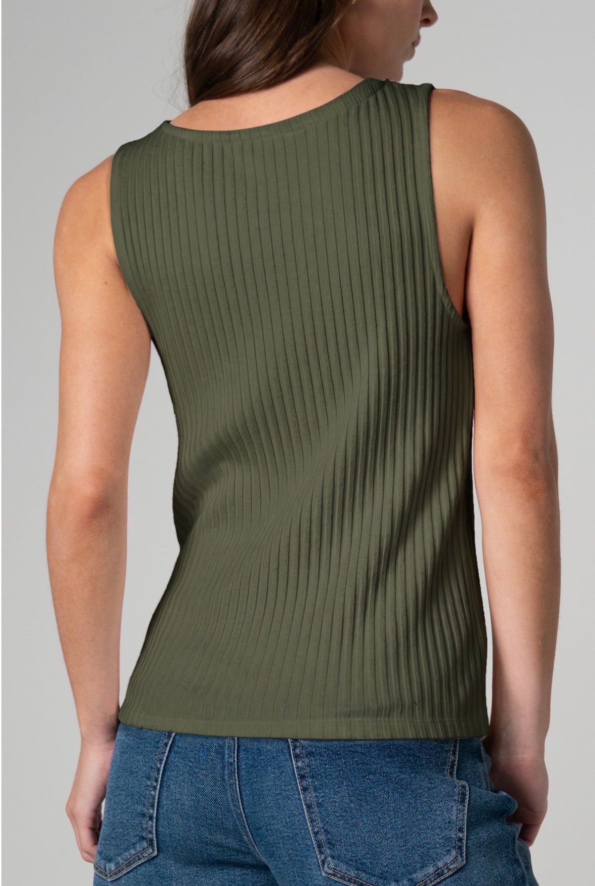 Sleeveless high boat, neck knit top in Hunter Green