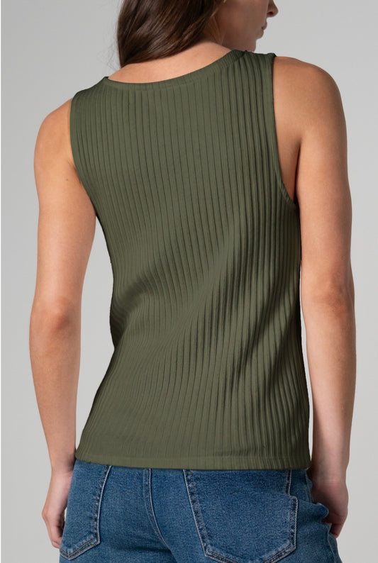 Sleeveless high boat, neck knit top in Hunter Green