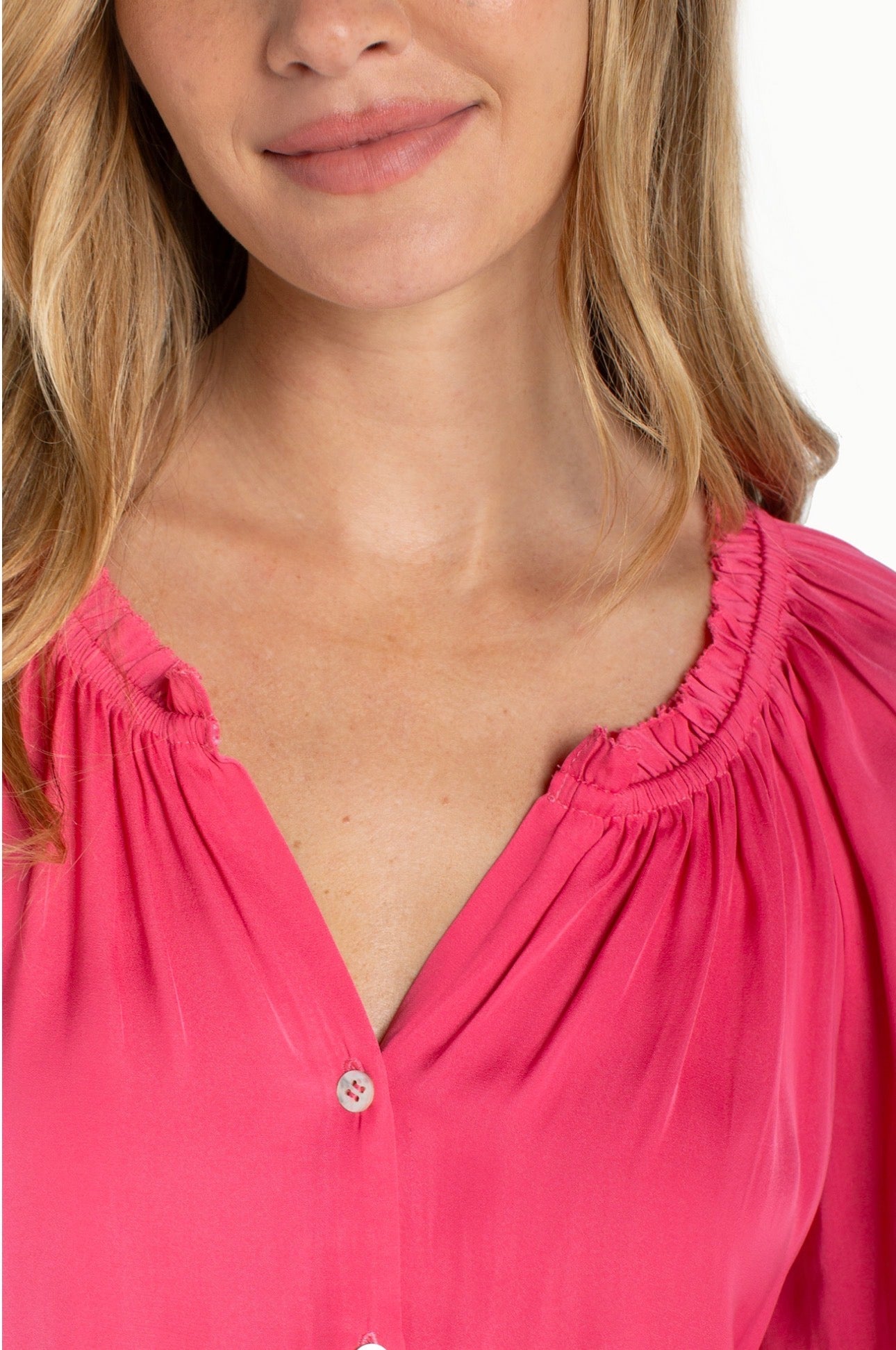 Three-quarter length sleeve button front woven top with ruffle details