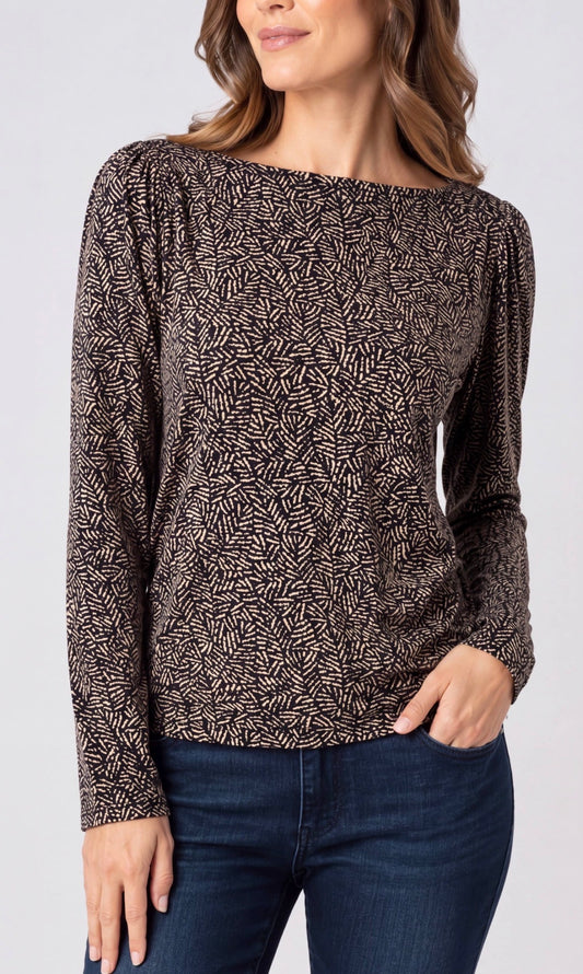 Long sleeve jewel, neck knit top with long sleeves