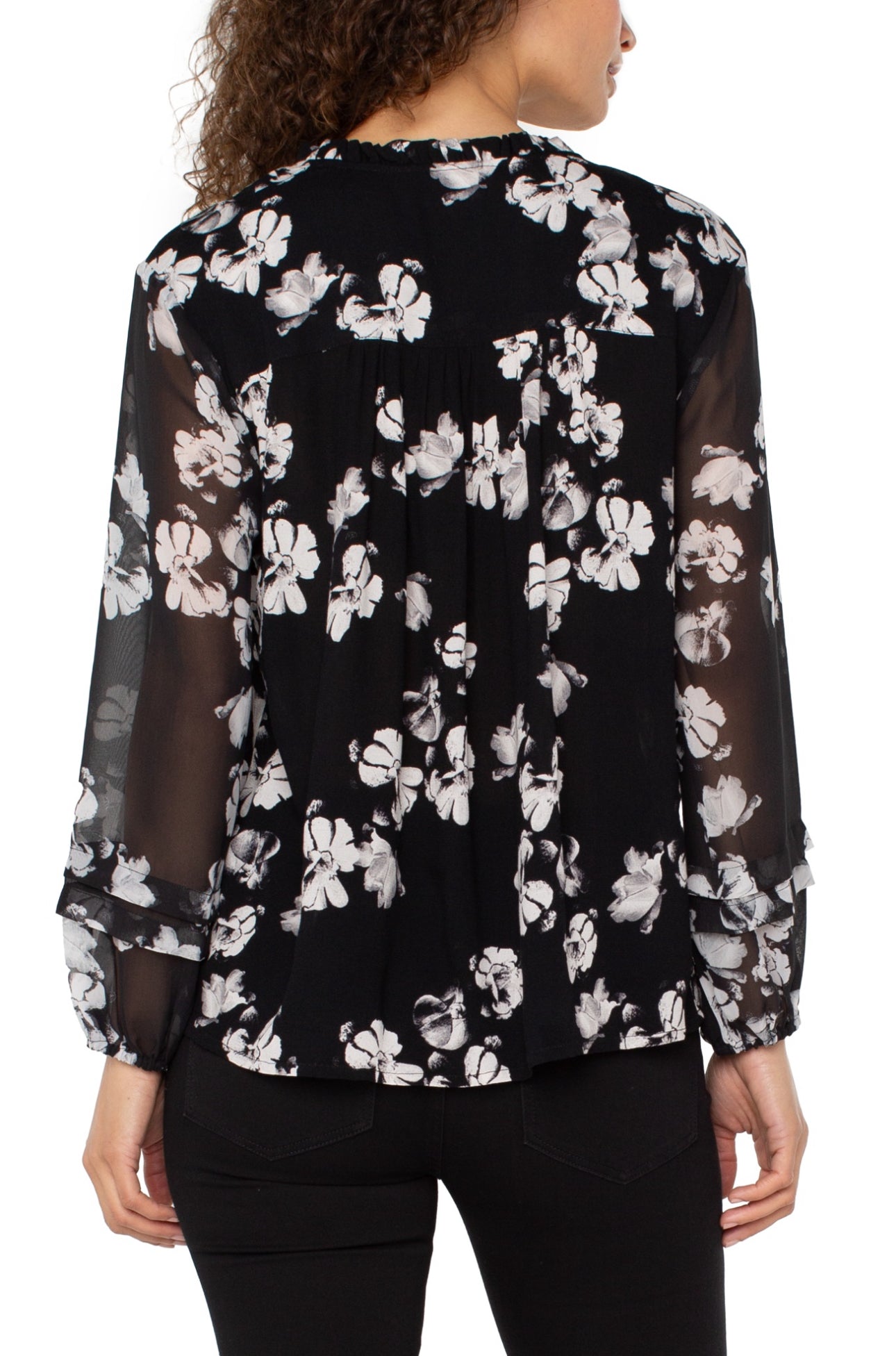 LONG SLEEVE WOVEN BLOUSE WITH SHEAR SLEEVES