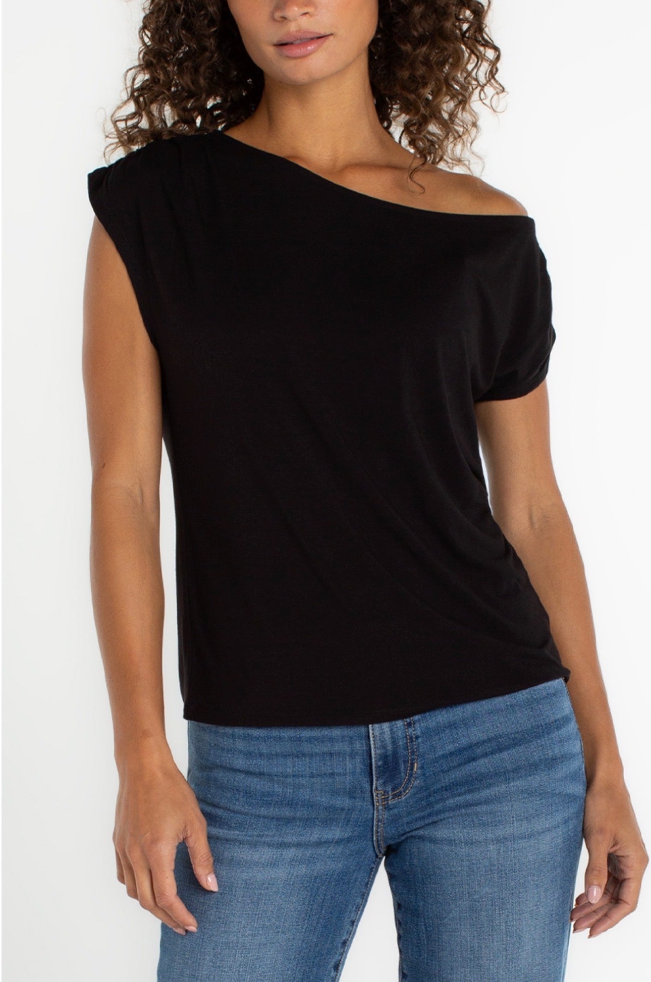 Short sleeve, off one shoulder knit top