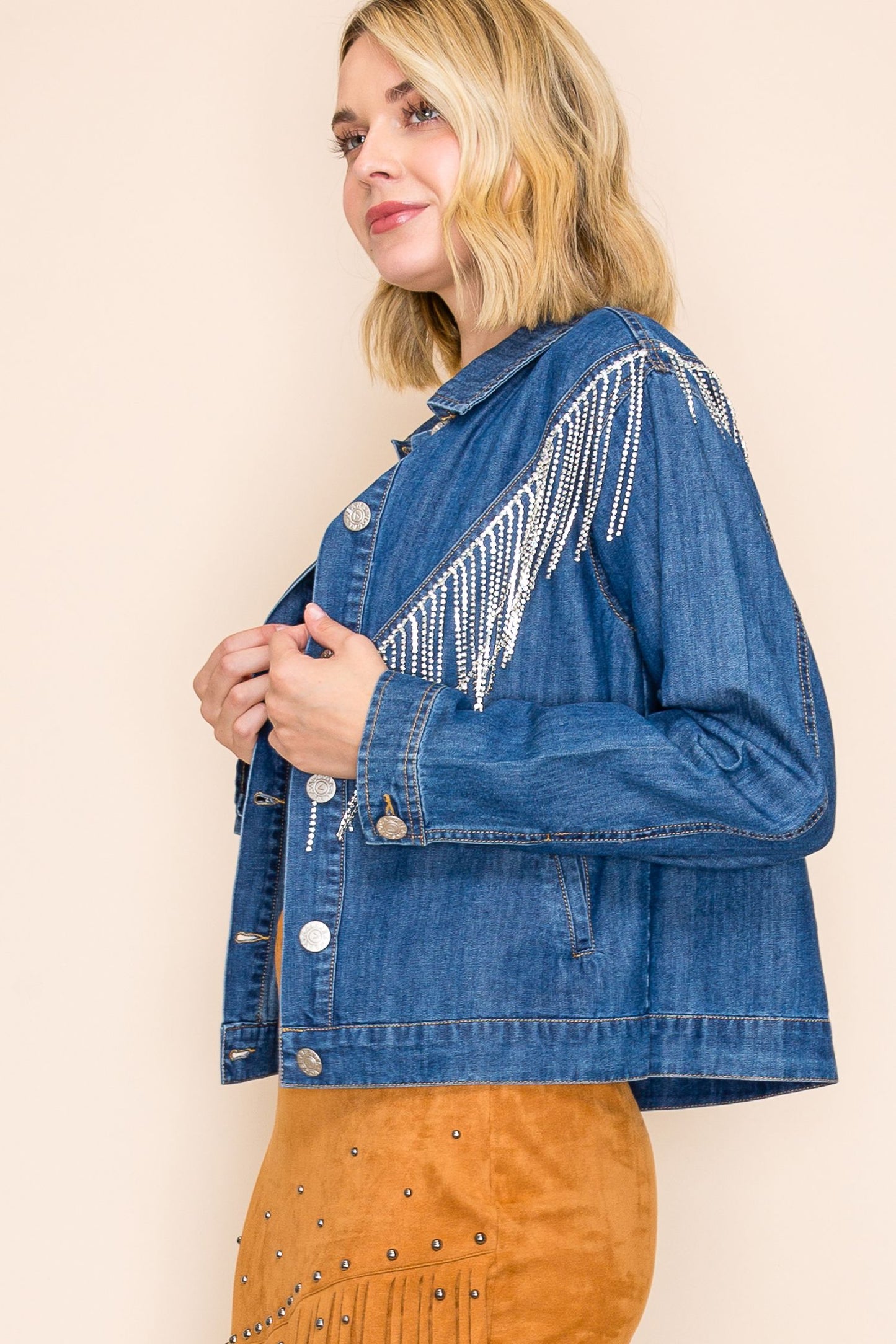 Denim jacket with silver fringe and button details