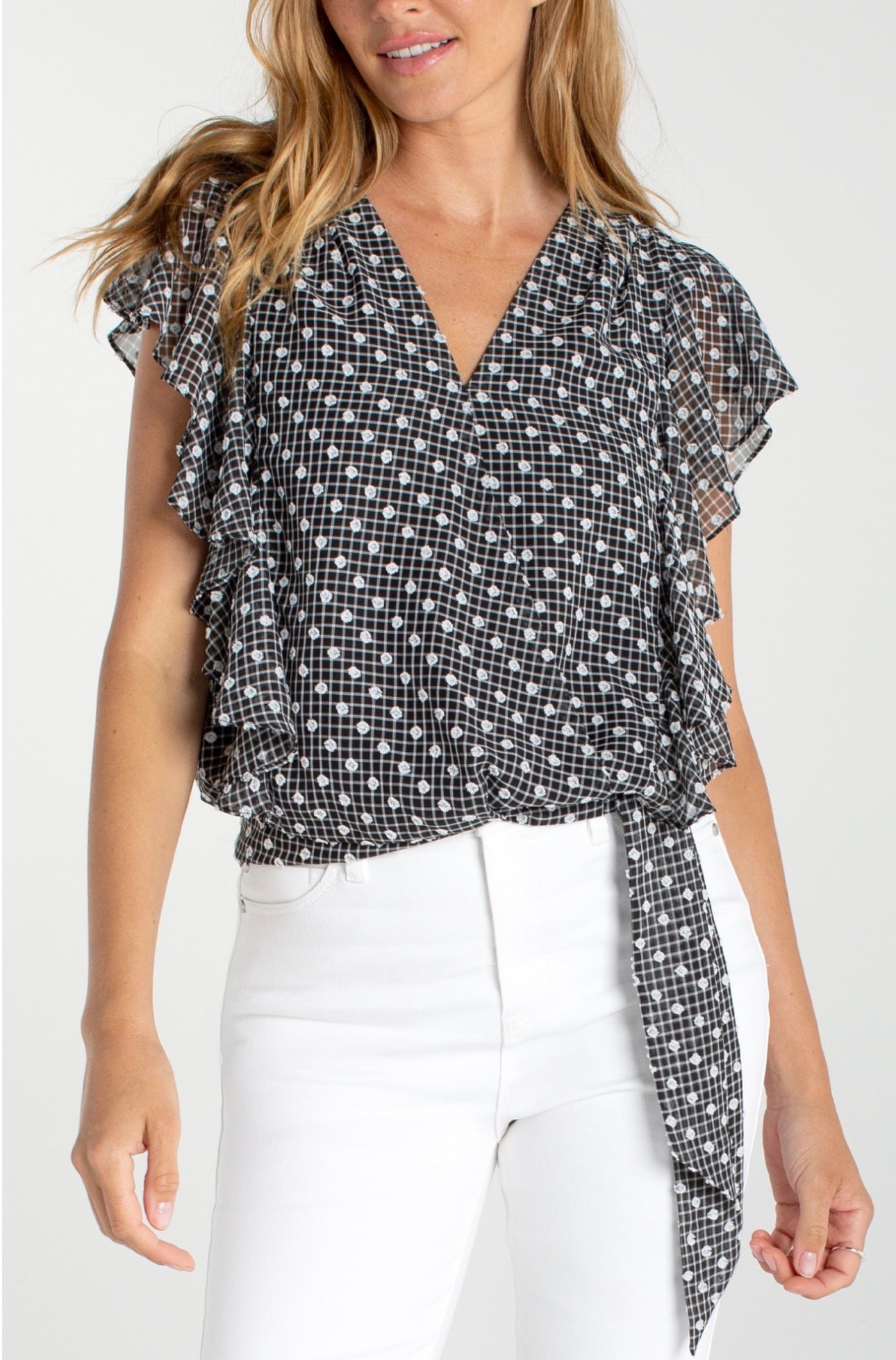 Short ruffle sleeve draped, front woven blouse