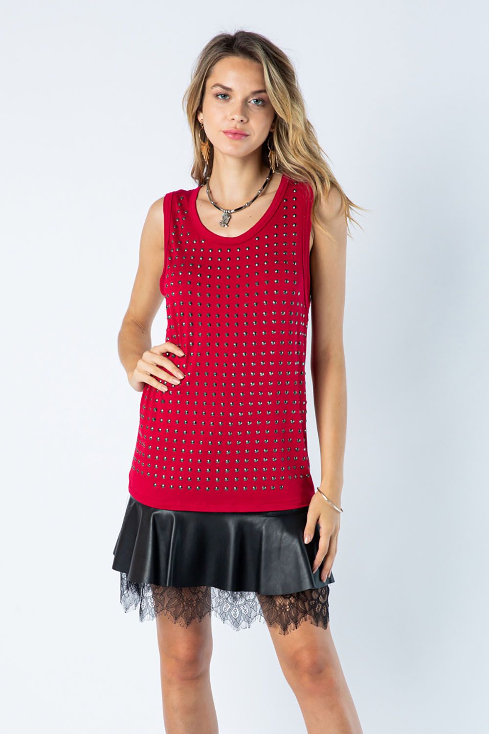 Deep round neck, sleeveless knit, basic top in burgundy with metal studs