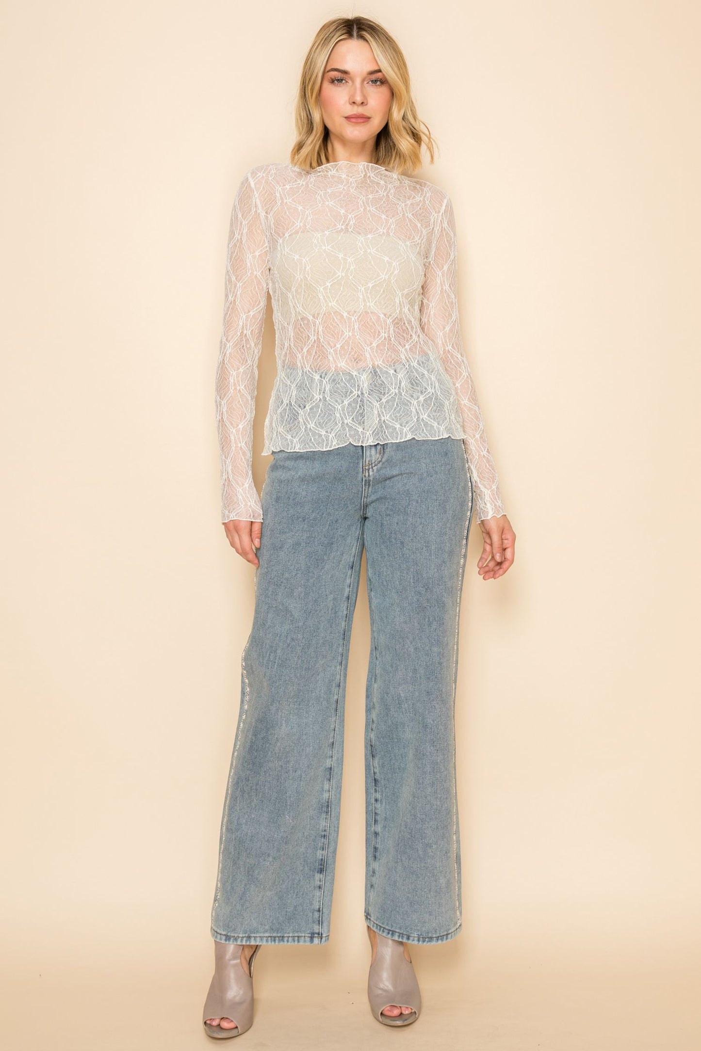 Mock neck, long sleeve lace top three colors available