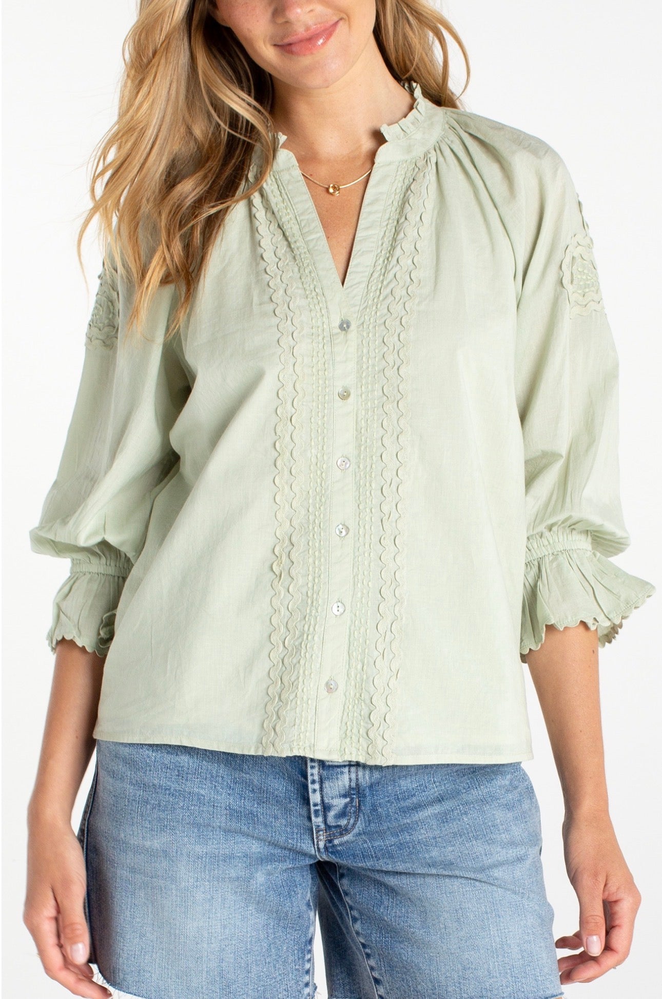 3/4 sleeve button front woven top with embroidery in matcha