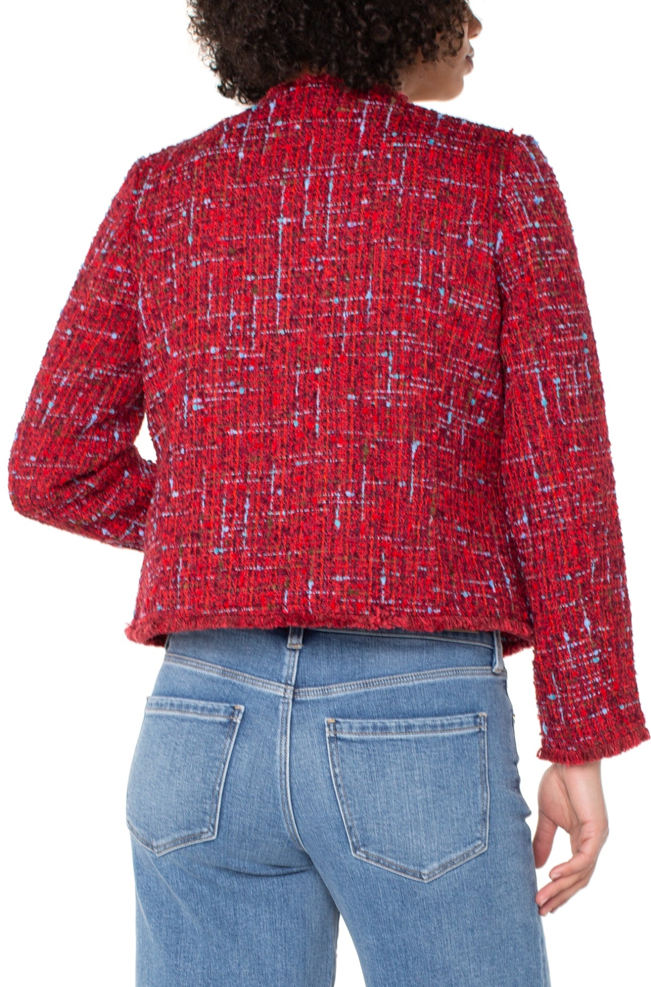 Collarless jacket with frayed edges