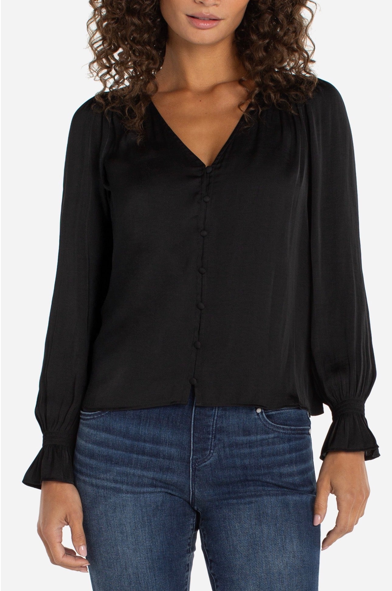 Three-quarter length sleeve button front woven top with ruffle details