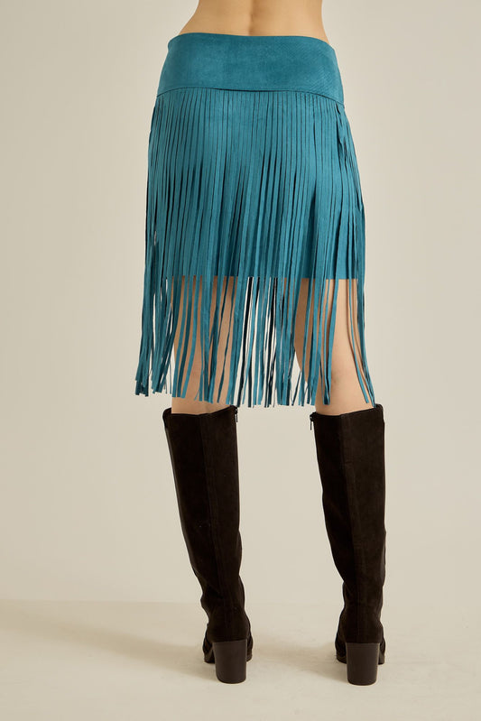 Stone and suede fringe skirt in teal