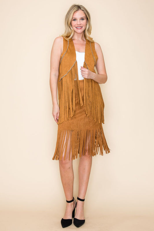 Camel color, suede fabric fringe vest with rhinestones