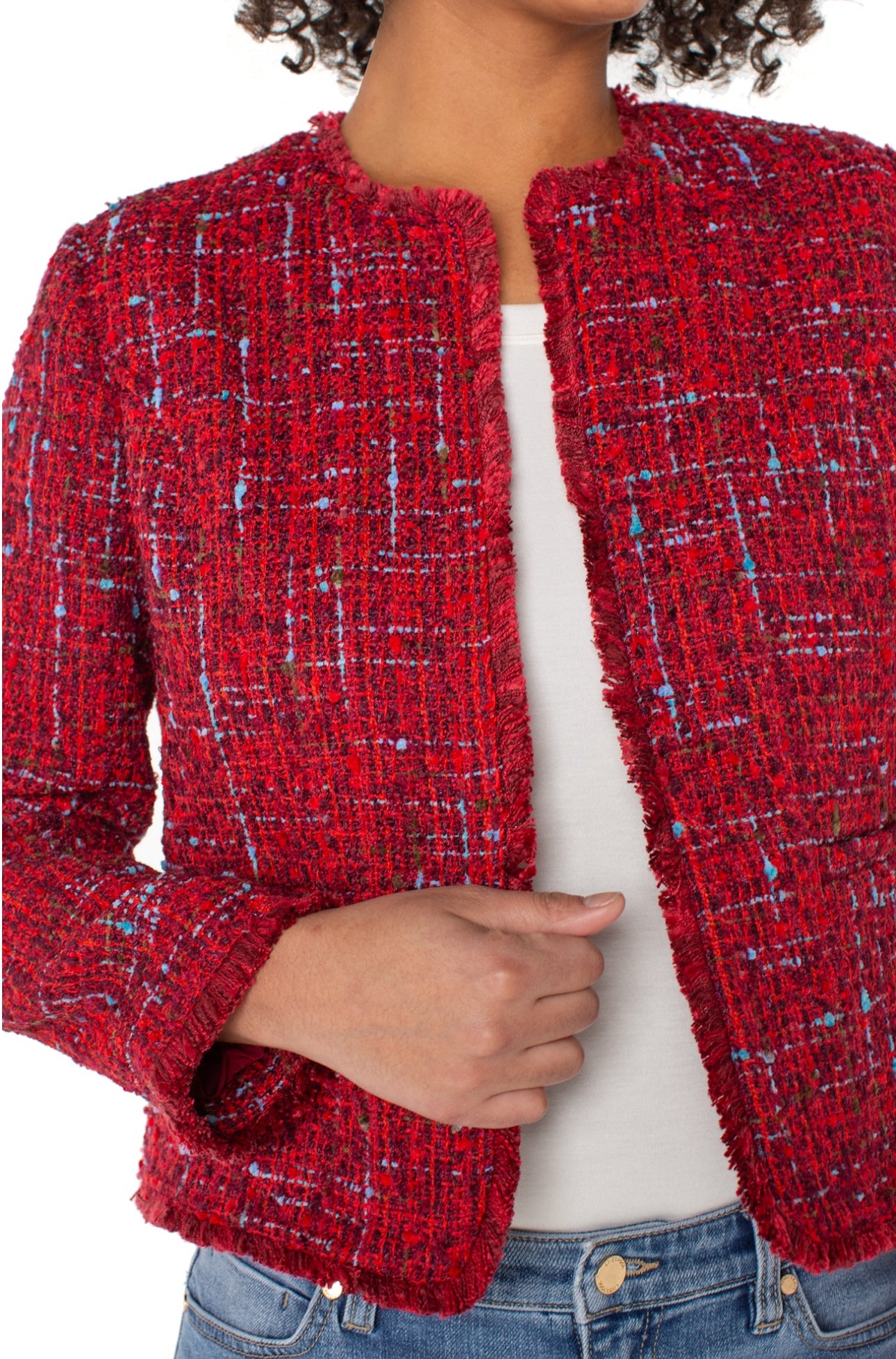 Collarless jacket with frayed edges