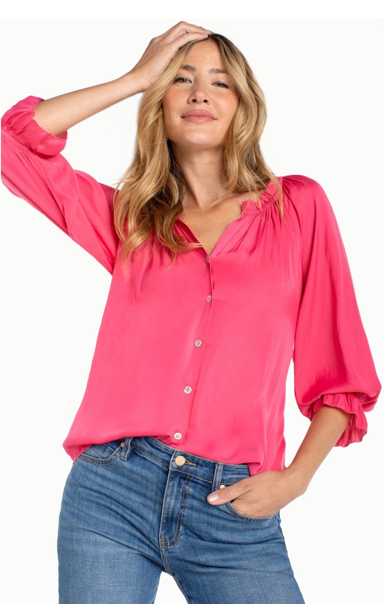 Three-quarter length sleeve button front woven top with ruffle details