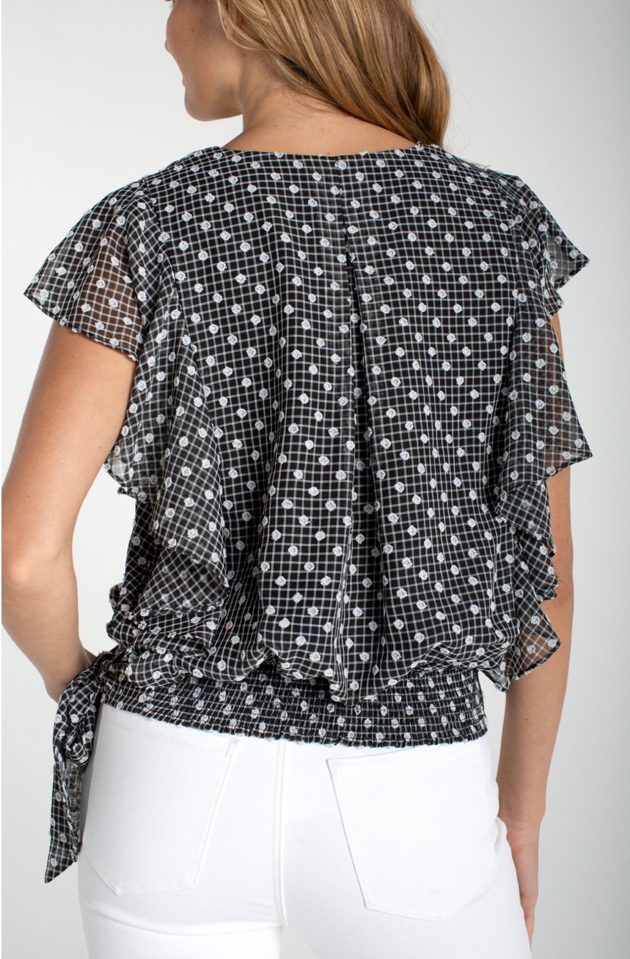 Short ruffle sleeve draped, front woven blouse